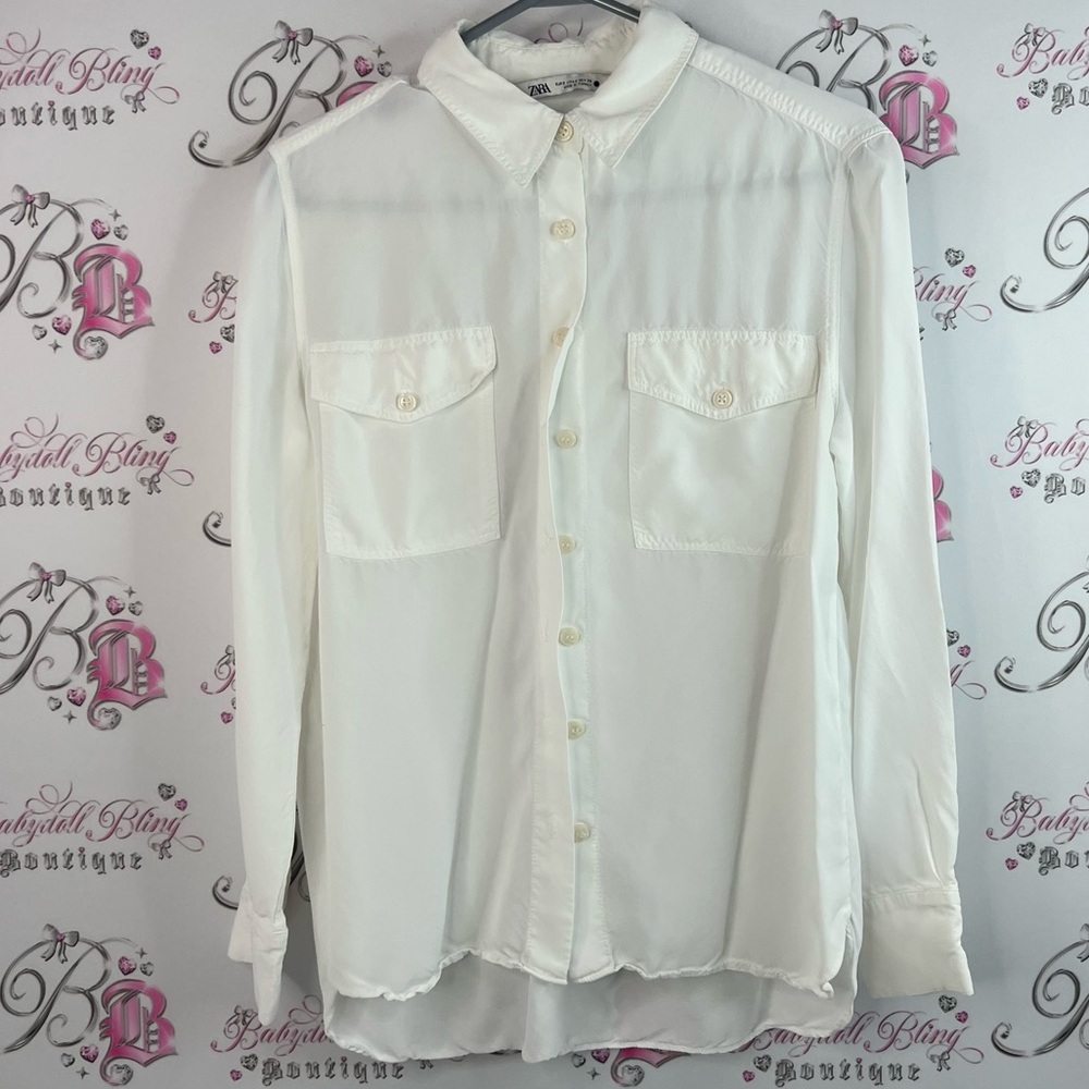 Zara long sleeve blouse pockets collared White Casual Button Down Shirt